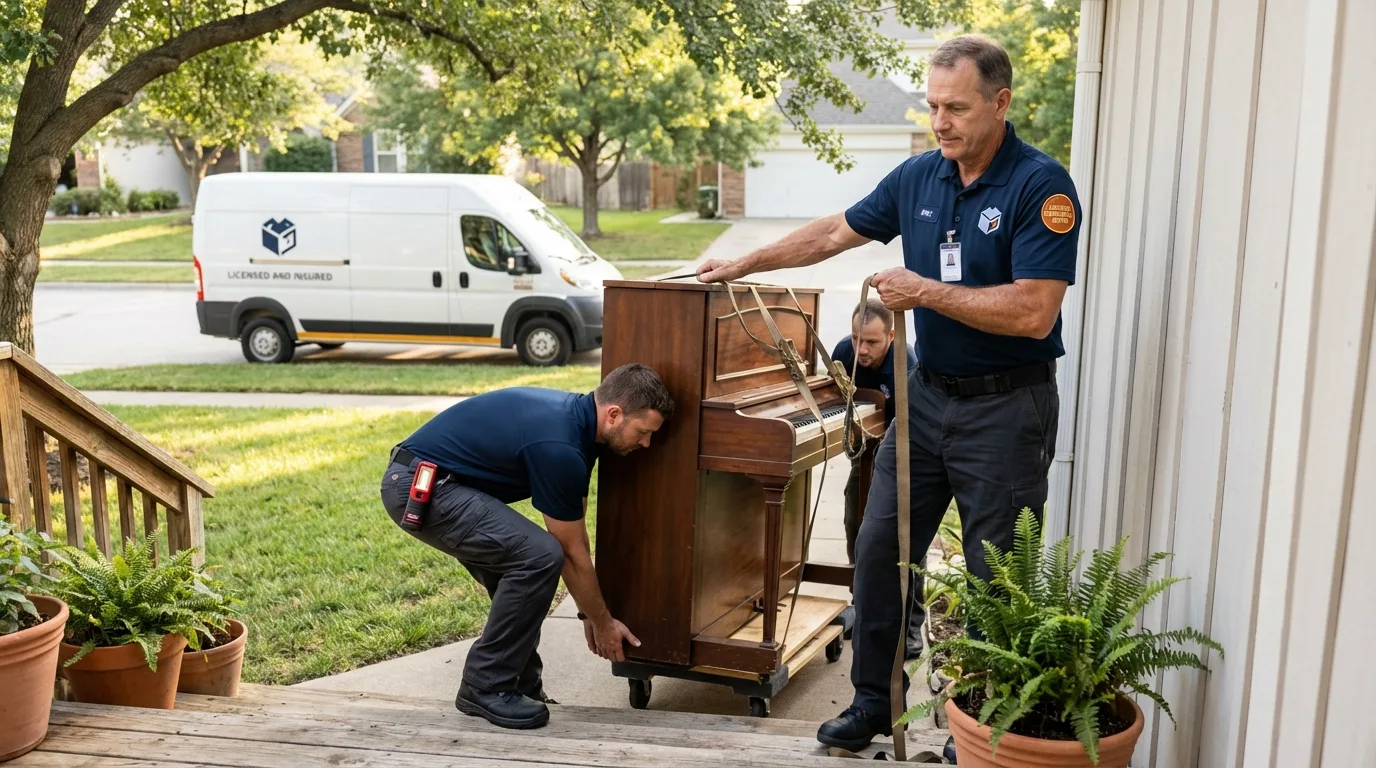 Licensed piano movers securing grand piano in Commerce, OK