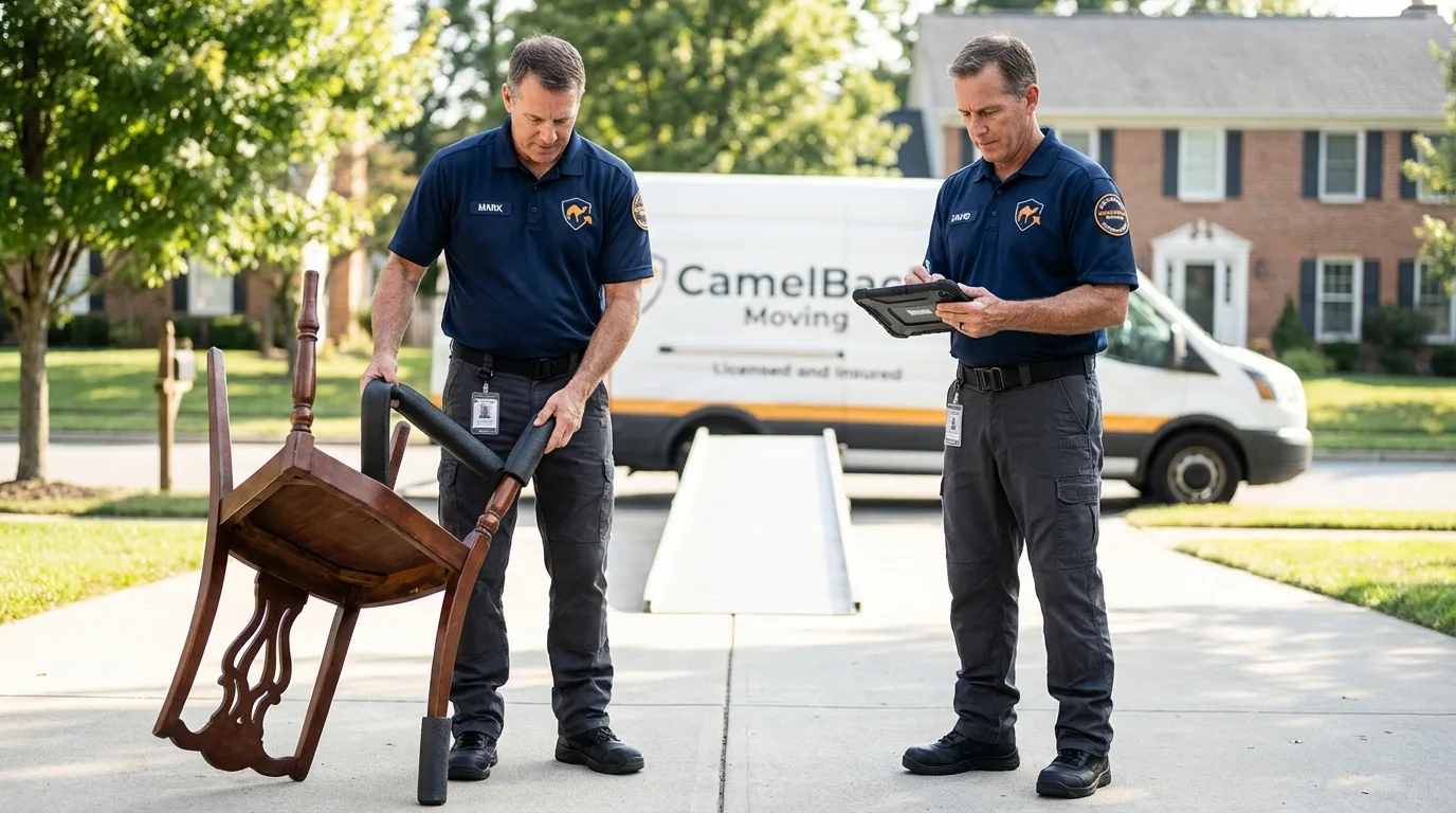 Movers inspecting furniture for damage prevention before loading in Commerce, OK