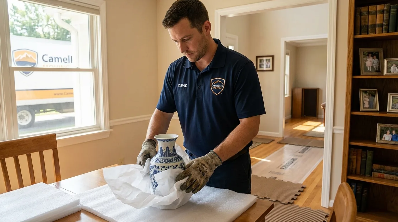 Professional crew carefully wrapping antique vase for senior downsizing move in Commerce, OK