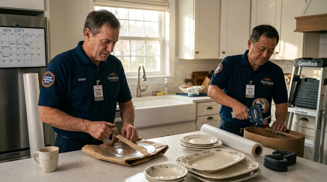 Professional crew packing kitchen dishware in Commerce, OK
